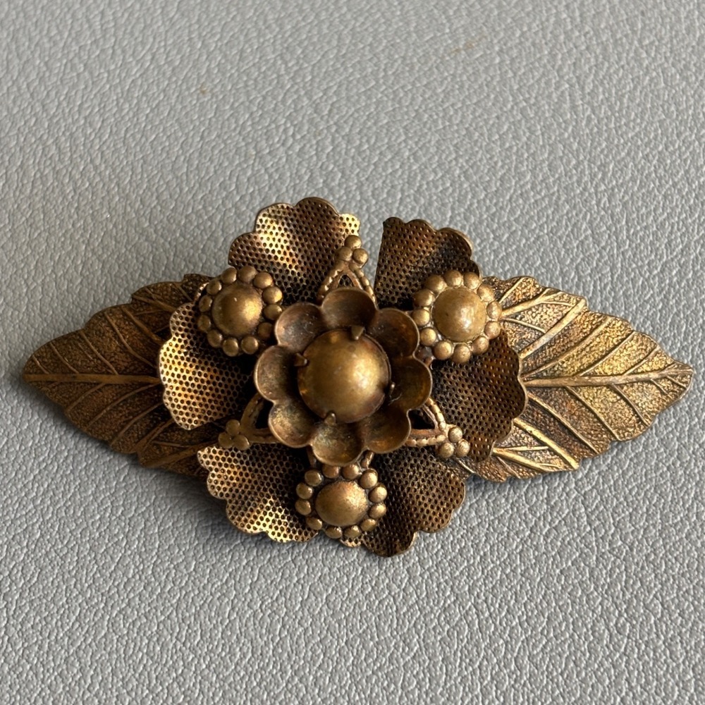 Vintage Antique Brass-Gold Tone Floral Brooch 1 x 1.75"